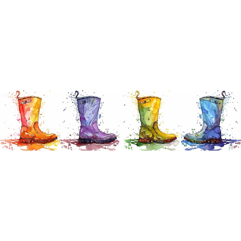 rain boots clipart, watercolor clipart, rain boots border, digital download, high-resolution JPG, scrapbooking, paper crafts, kids' invitations, whimsical designs, printable decor, commercial use, rain boot designs, watercolor elements, JPG files