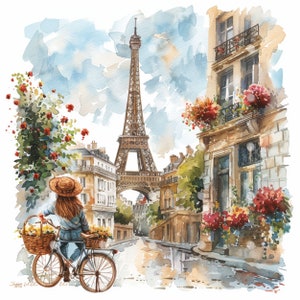12 Torre Eiffel, París, Torre Eiffel vintage, calle de París, JPG, Clipart acuarela imprimible Chica francesa montando una bicicleta en otoño