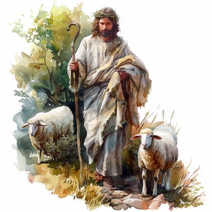 Pacchetto di 24 clipart di Gesù che pasce le pecore, Gesù pascola una pecora, arte pastorale cristiana, JPG di alta qualità, clipart religiose per lavoretti di carta