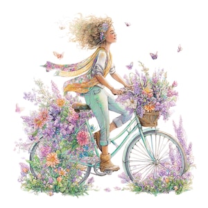 Floral Bike Girl PNG Clipart: Watercolor Spring Bicycle (Digital Download)