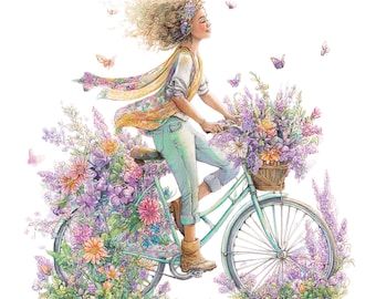 Watercolor Floral Bike Girl Clipart: Spring Bicycle (Digital Download)