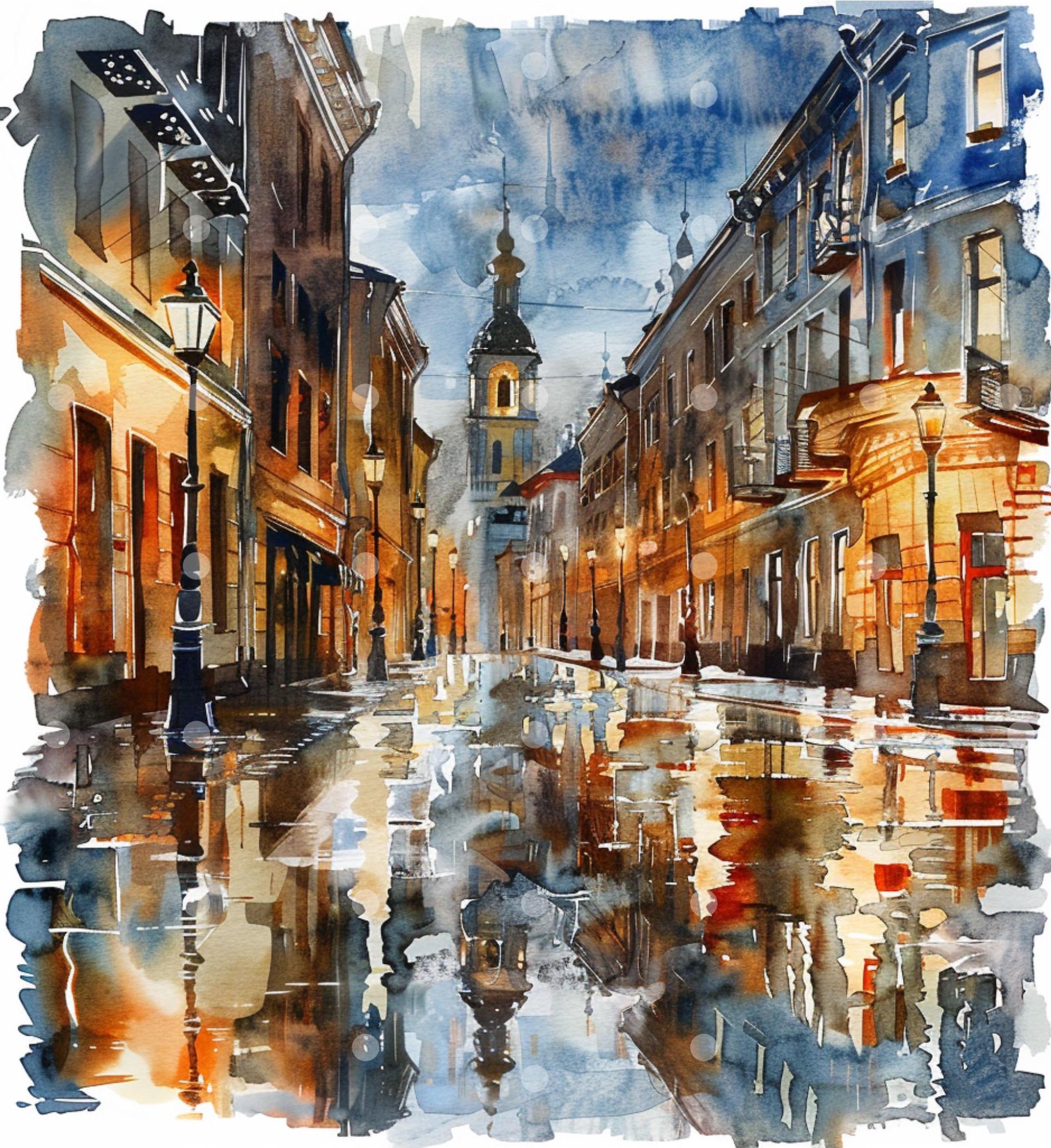 Night City Street Watercolor Clipart: Urban Reflections (JPG Digital Images)