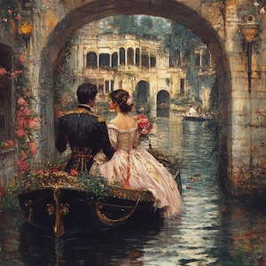 10 ARTE ROMÁNTICO VINTAGE, imagen de acuarela de una pareja romántica, imagen digital de una mujer en una mansión, imagen de arte mural de mujer en una mansión