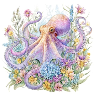 10 Floral Octopus Clipart, Watercolor Octopus Printable Art, High-Resolution PNG, Transparent Download, Commercial Use, Junk Journals