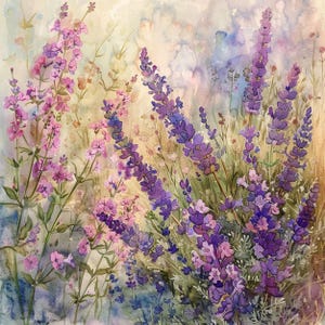 Imágenes de campos de lavanda en acuarela: Imágenes de paisajes florales (descarga digital)