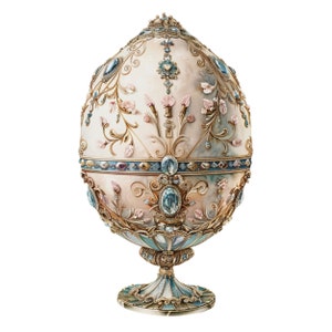 May include: A white jeweled egg with gold accents and a floral design. The egg is on a gold stand with a blue and white base.