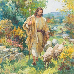 10 Jezus met schapen clipart, zachte herder scène, pastoraal christelijk, vintage bijbelillustratie, vreedzame religieuze download 30 x 30 inch