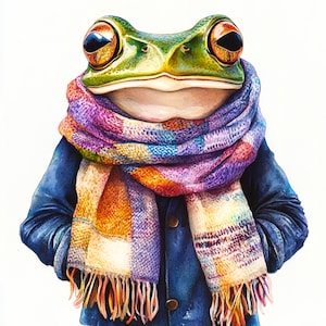 May include: A green frog wearing a blue jacket and a colorful plaid scarf. The frog is looking directly at the viewer.