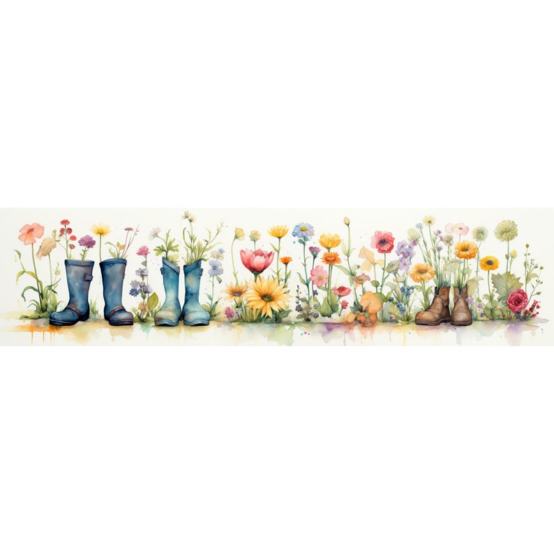 Floral Rain Boots Border Watercolor Clipart, Rain Boots Illustration, High-Resolution JPG, Watercolor Art Digital Download, Wall Art boot