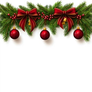 Puede incluir: Una guirnalda festiva de ramas de pino verde con lazos rojos, bayas rojas y bolas rojas. La guirnalda es perfecta para decorar un hogar o negocio para las fiestas.