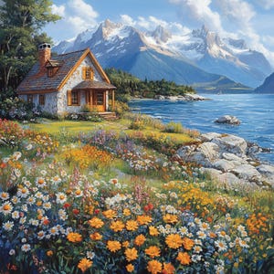 10 Casa junto al mar en las montañas, arte paisajístico costero, vista panorámica de la montaña, JPG de alta calidad, descarga digital, arte mural de Provenza