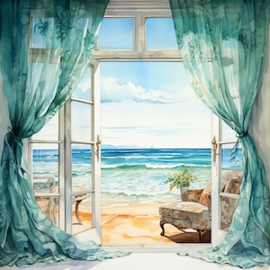 31 CLIPART FINESTRA sul MARE, immagine png della finestra aperta, finestra aperta con tende, finestra sul paradiso, clipart finestra aperta in acquerello