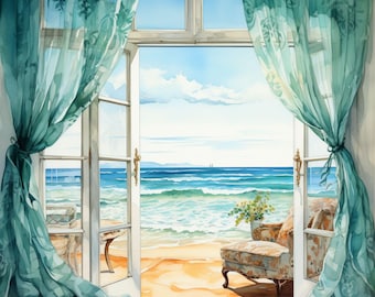 Aquarel zeezicht raam cliparts (png), lente-clipart