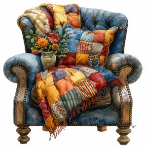 Akvarell blommig lapptäcke stol Clipart: Vintagekonst (digital nedladdning), vår Clipart