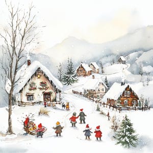 10 KERSTMIS dorp landschap clipart, kersttijd scène, vakantiedorp kunst, aquarel winter landschapskunst, digitale download JPG