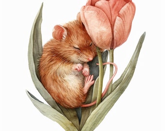 Watercolor Sleeping Mouse Clipart: Baby Mouse in Flower (JPG Digital Image)
