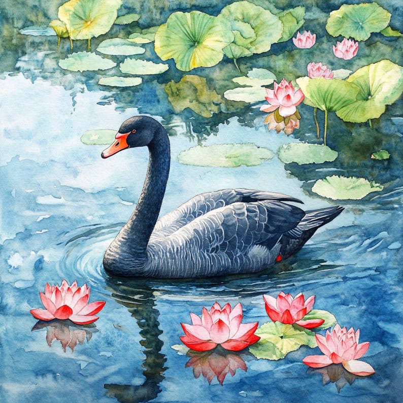 May include: A black swan with an orange beak swims in a pond with lily pads and pink water lilies.