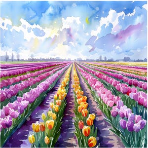 12 Colorful Tulip Field Clipart, JPG, Tulips clipart, Tulip clipart, Watercolor tulips, Greating cards clipart, Tulips image, flower field