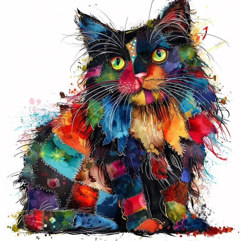 12 Cat Multi-Color Patchwork Clipart, High Quality PNG, Quilted Cat Images, Digital Download, Paper Craft, Junk Journals, Commercial Use