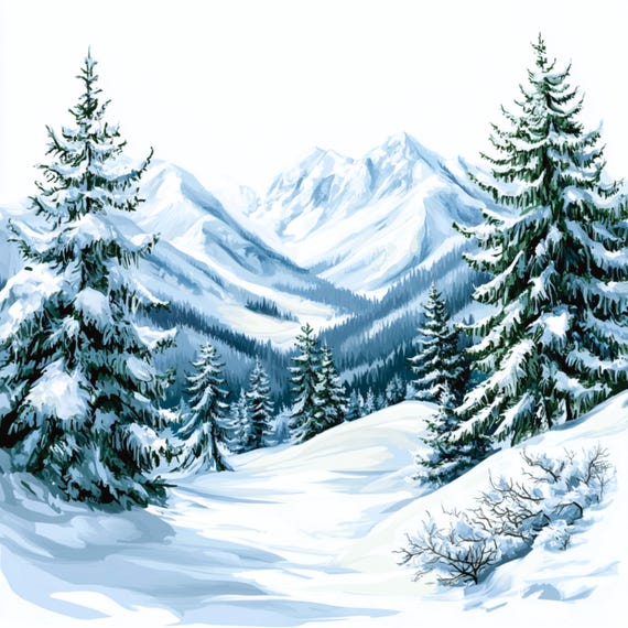 Watercolor Winter Mountain Landscape Clip Art (digital Download
