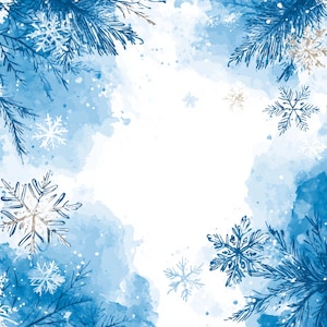 May include: A watercolor background with a blue and white color scheme. The background features a white center with a blue border. The border is decorated with snowflakes and pine branches.