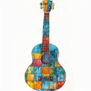 13 gitaar clipart, patchwork gitaar PNG, gewatteerde gitaar illustraties, muziek kunst, digitale download, commercieel gebruik