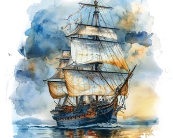 May include: A watercolour painting of a tall ship sailing on a cloudy day. The ship has white sails and a dark hull. The sky is a mix of blue and grey with hints of orange and yellow.