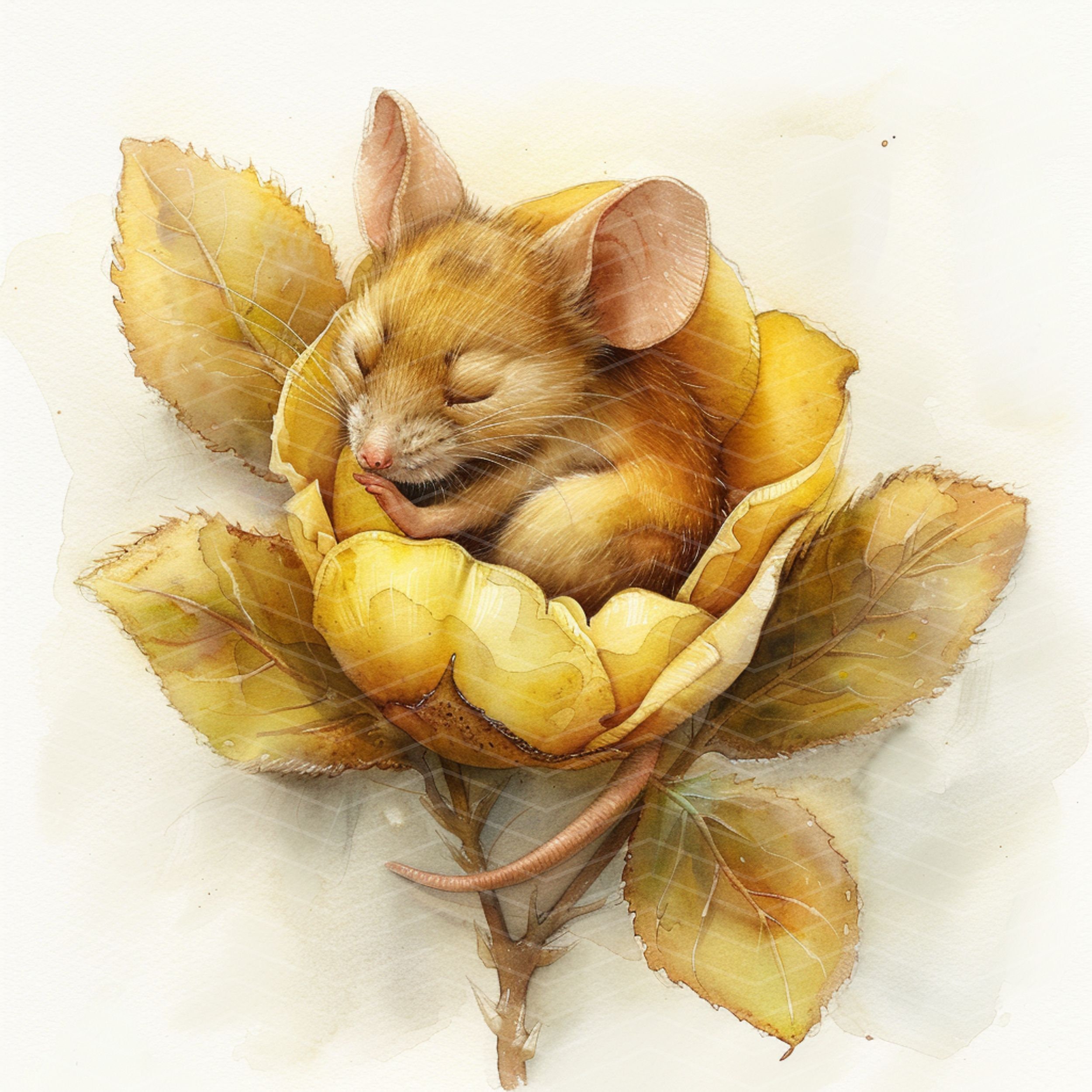 Watercolor Sleeping Mouse Clipart: Baby Mouse in Flower (JPG Digital ...