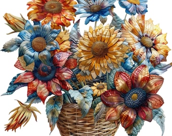 Patchwork Flowers in Basket Digital Image, Summer Clipart