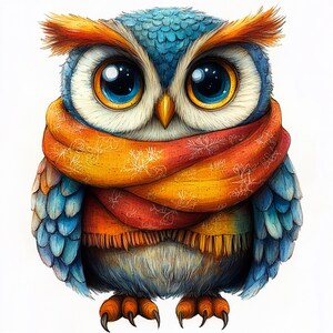 May include: A blue owl with large, round eyes and a fluffy orange and white scarf. The owl is wearing a scarf with a white floral pattern on a red and orange background.