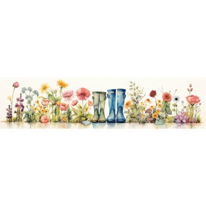 Floral Rain Boots Border Watercolor Clipart, Rain Boots Illustration, High-Resolution JPG, Watercolor Art Digital Download, Wall Art boot