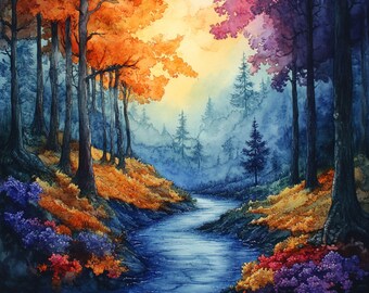 Mystic Forest Cliparts, Watercolor Enchanted Wall Art (Digital), Spring Clipart