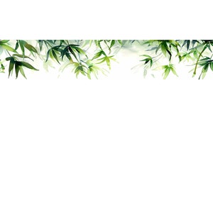May include: A watercolor painting of green bamboo leaves against a white background. The leaves are arranged in a horizontal line, creating a border effect.