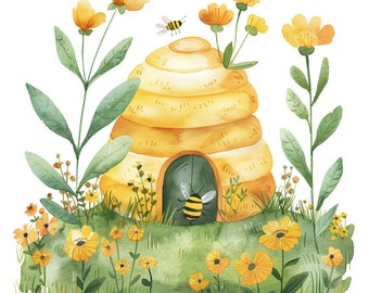 Adorable Beehive Clipart Cartoon | 12 PNG Images with Transparent Background | Cute Beehive and Bees | Digital Download for Scrapbooking