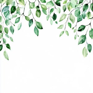May include: Watercolor painting of green leaves on branches, creating a border at the top of the image. The leaves are a variety of shades of green, and the branches are thin and delicate.