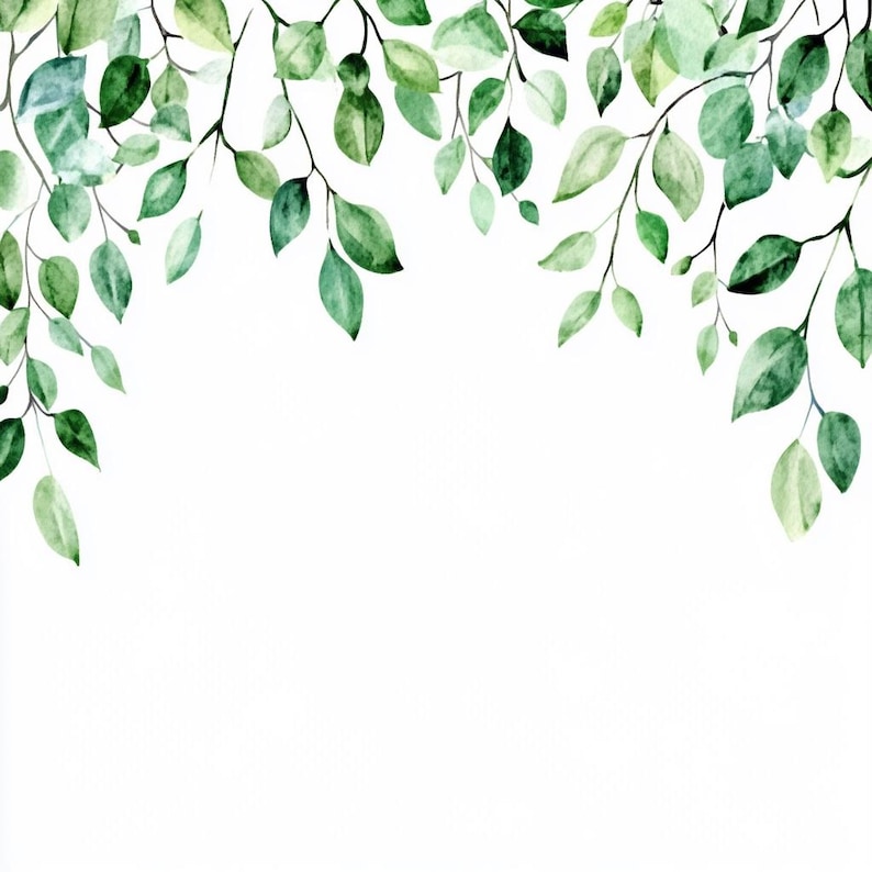 May include: Watercolor painting of green leaves on branches, creating a border at the top of the image. The leaves are a variety of shades of green, and the branches are thin and delicate.