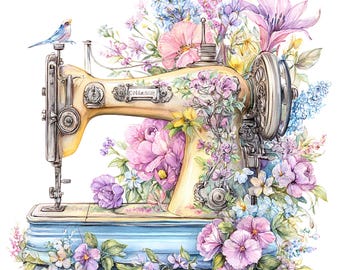 Peut inclure: Illustration à l'aquarelle d'une machine à coudre vintage crème et argent, ornée de fleurs roses, violettes et bleues. Un petit oiseau bleu est perché au sommet. L'ensemble est sur fond blanc.