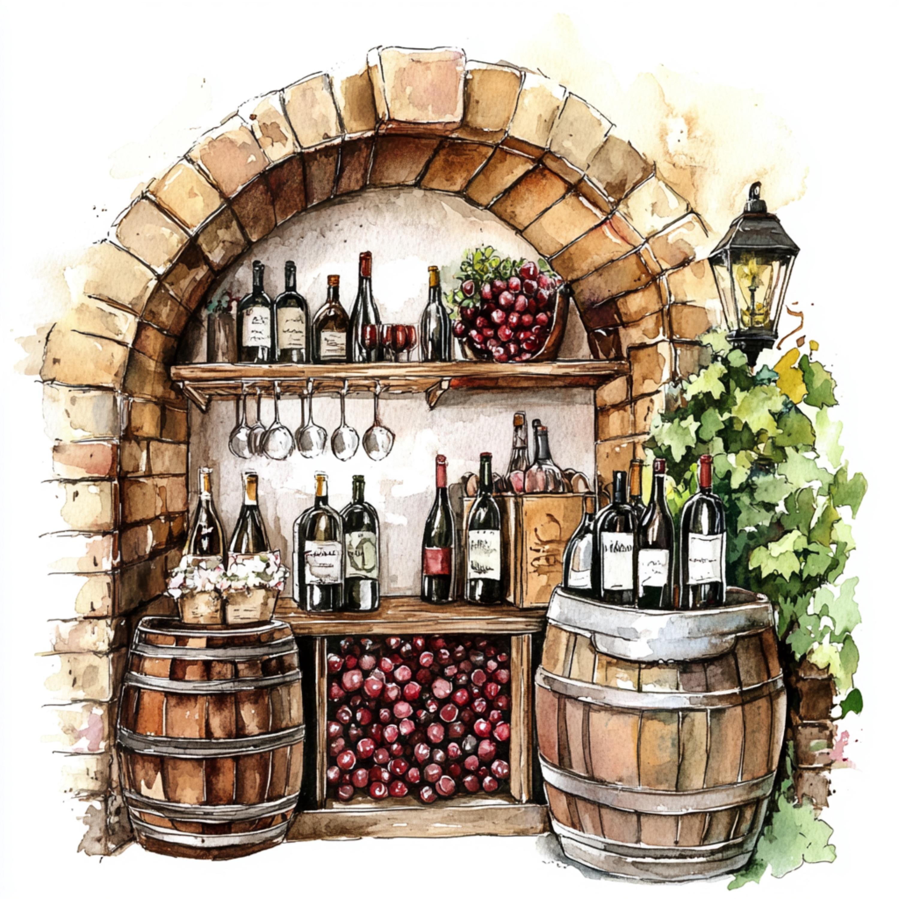 Watercolor Wine Cellar Clipart: Rustic Vineyard Art (digital Download ...