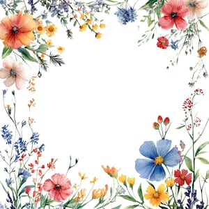 Puede incluir: Una ilustración de acuarela de un borde floral con flores rosas, azules, amarillas y naranjas. Las flores están dispuestas en un marco cuadrado alrededor de un fondo blanco.