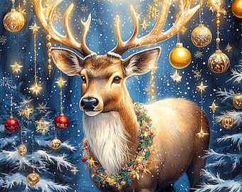 水彩画風クリスマス鹿のクリップアート：ホリデーアニマルイラスト