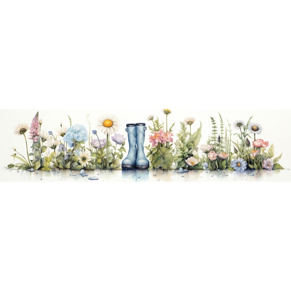 Floral Rain Boots Watercolor Clipart: High-Resolution JPG (Digital Download), Summer Clipart