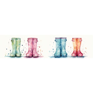 rain boots clipart, watercolor clipart, rain boots border, digital download, high-resolution JPG, scrapbooking, paper crafts, kids' invitations, whimsical designs, printable decor, commercial use, rain boot designs, watercolor elements, JPG files