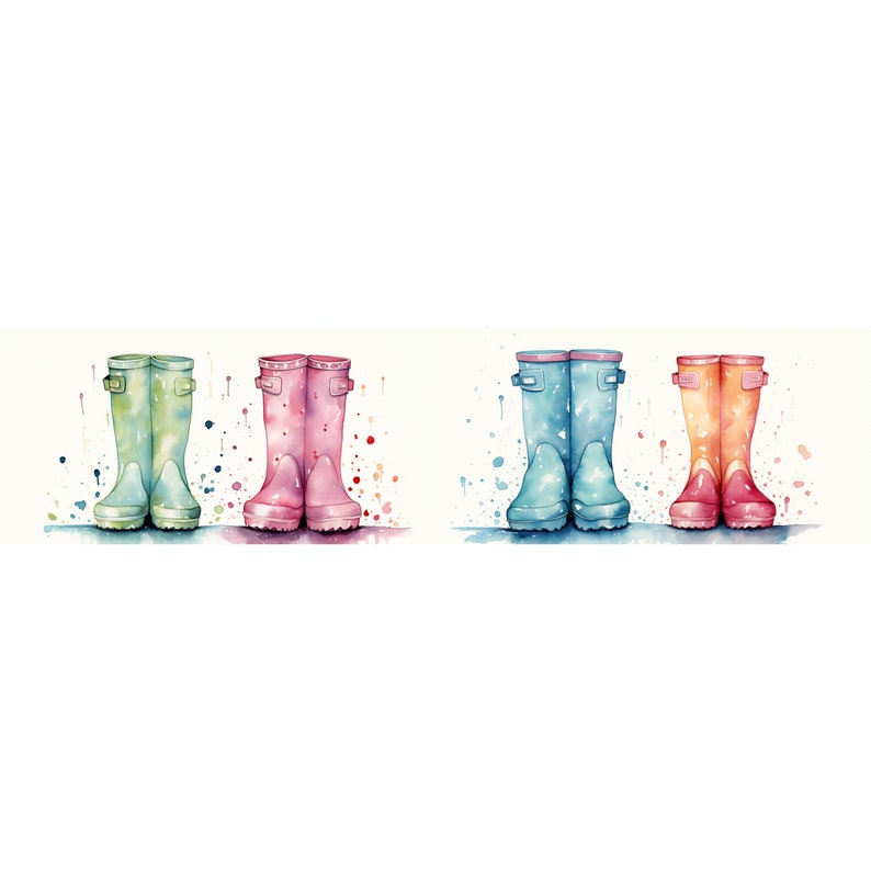 rain boots clipart, watercolor clipart, rain boots border, digital download, high-resolution JPG, scrapbooking, paper crafts, kids' invitations, whimsical designs, printable decor, commercial use, rain boot designs, watercolor elements, JPG files