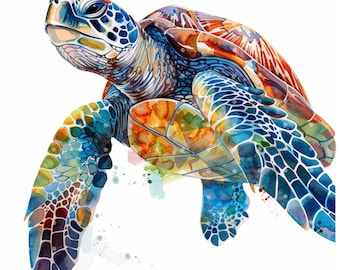 May include: Watercolor painting of a sea turtle with a white background. The turtle features a vibrant mix of colors, including blue, green, orange, and brown. The artwork showcases the turtle's shell, flippers, and head in detail, with a focus on the artistic watercolor technique.