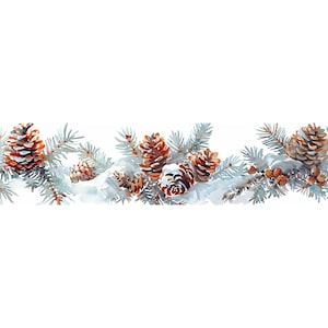 Puede incluir: Ilustración en acuarela de un borde invernal. El diseño presenta piñas marrones y blancas, ubicadas entre agujas de pino azul claro y nieve. La obra de arte está sobre un fondo blanco, creando una estética festiva y de temporada.