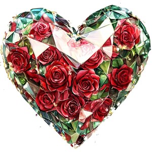 Crystal Heart with Roses PNG: Valentine&#39;s Day Clipart (Digital Download)