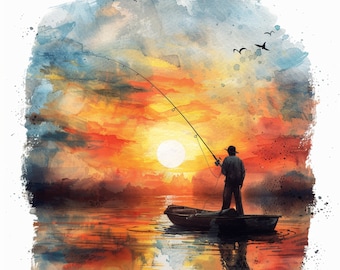 Watercolor Man Fishing Clipart: Boat Landscape JPGs (Digital Download)