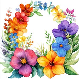 Rainbow Floral Frame Clipart: Colorful Flower Borders (PNG, Digital Download)