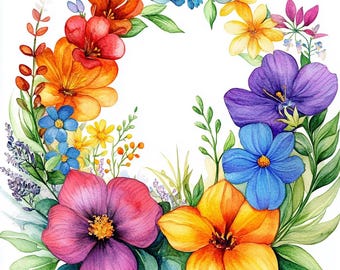 Rainbow Floral Frame Clipart: Colorful Flower Borders (PNG, Digital Download), Summer Clipart