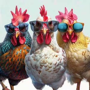 10 PNG Küken mit Sonnenbrille, lustiges Huhn, süßes Huhn Cartoon Clipart, druckbare Aquarellfarbe, hohe Qualität, kommerzielle Nutzung, Papiermodell